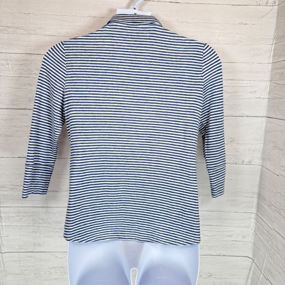 J McLaughlin Shirt L Navy Stripe Linen Cotton 3/4 Sleeve Button Coastal Preppy - Picture 3 of 10